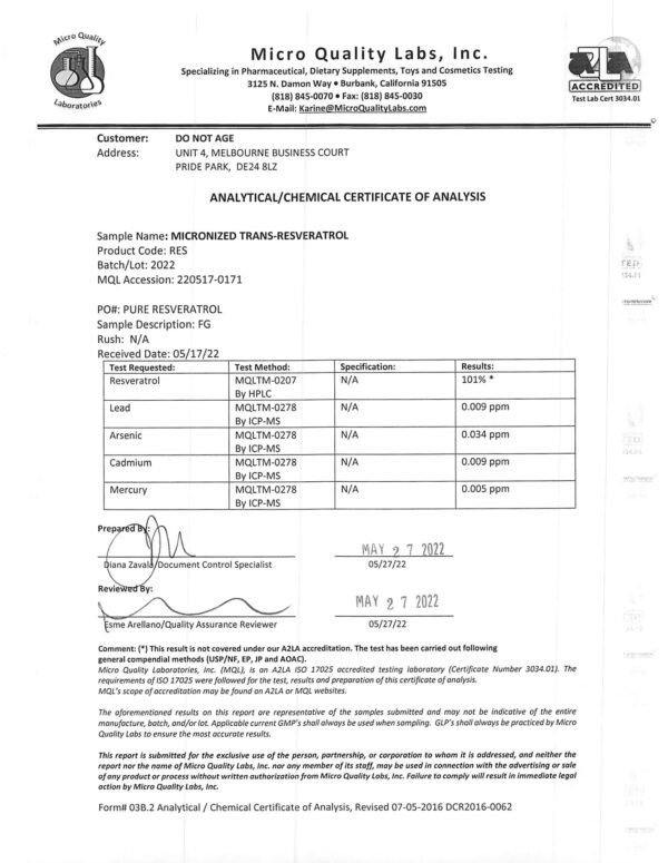 "Pure Resveratrol" Grynas Trans-Resveratrolis 'DoNotAge.org®' (60kaps/60porc) - Image 3