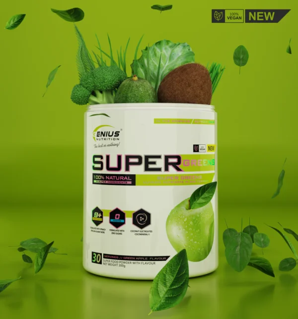 "SUPER Greens" 8000mg Žaliasis Sveikatinimosi Kokteilis ‘Genius Nutrition’ (300g/30porc) - Image 2