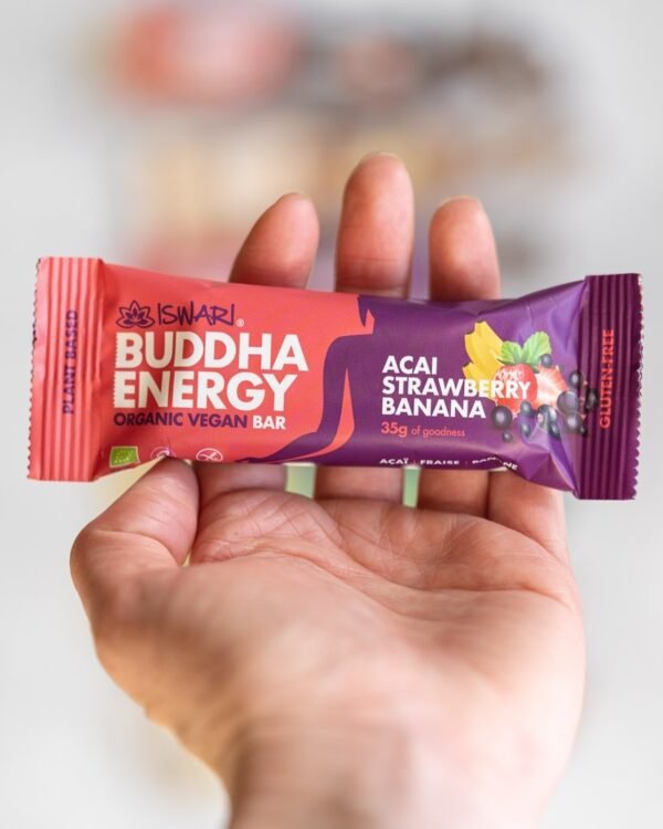 “Buddha Protein Acai Banana Strawberry” Veganiškas Baltyminis Batonėlis ‘Iswari’ (35g) - Image 2